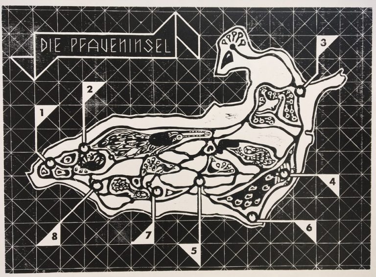 Holzschnitt Landkarte Pfaueninsel